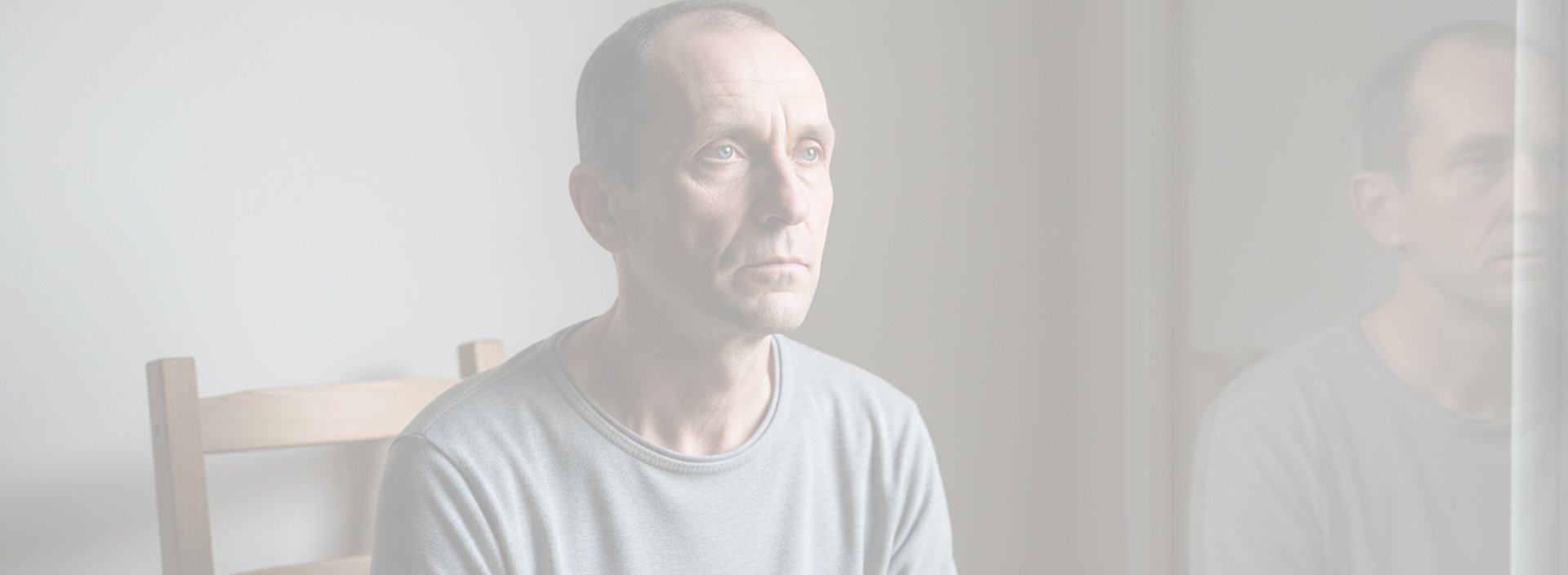 Мужчина сидит на стуле и смотрит прямо